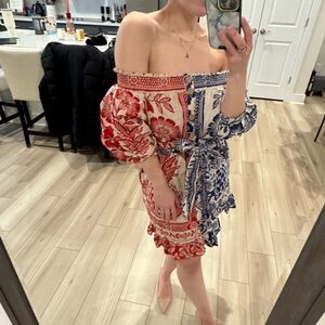 FARM Rio Red and Blue Strapless Dress